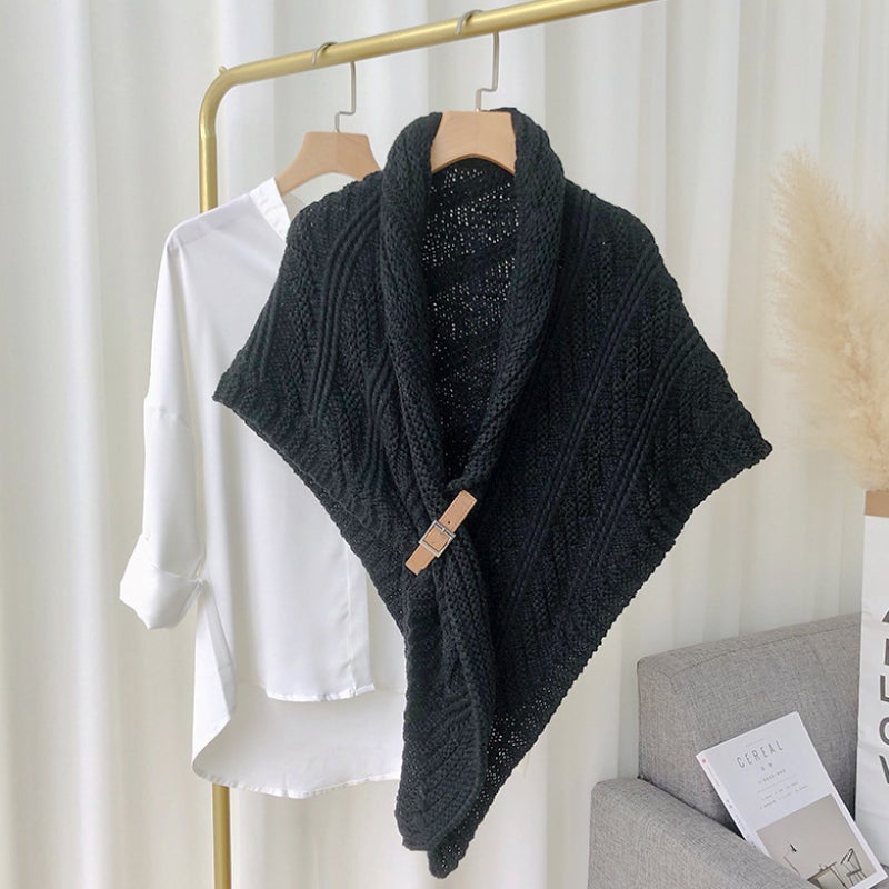 Triangular Knit Scarf with Leather Loop
