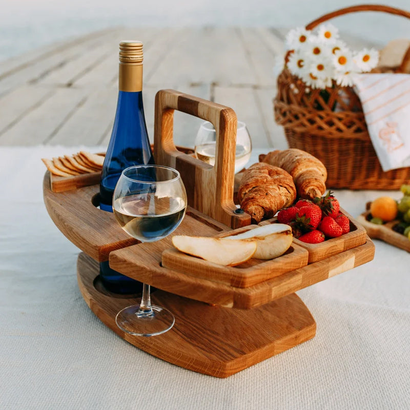 Compact picnic table with wooden bottle holder