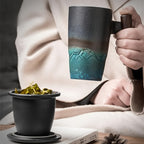TeaCraft Ceramic Mug | Handmade | With Tea Infuser & Wooden Handle | Retro Design