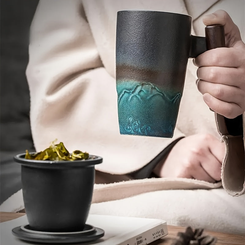 TeaCraft Ceramic Mug | Handmade | With Tea Infuser & Wooden Handle | Retro Design