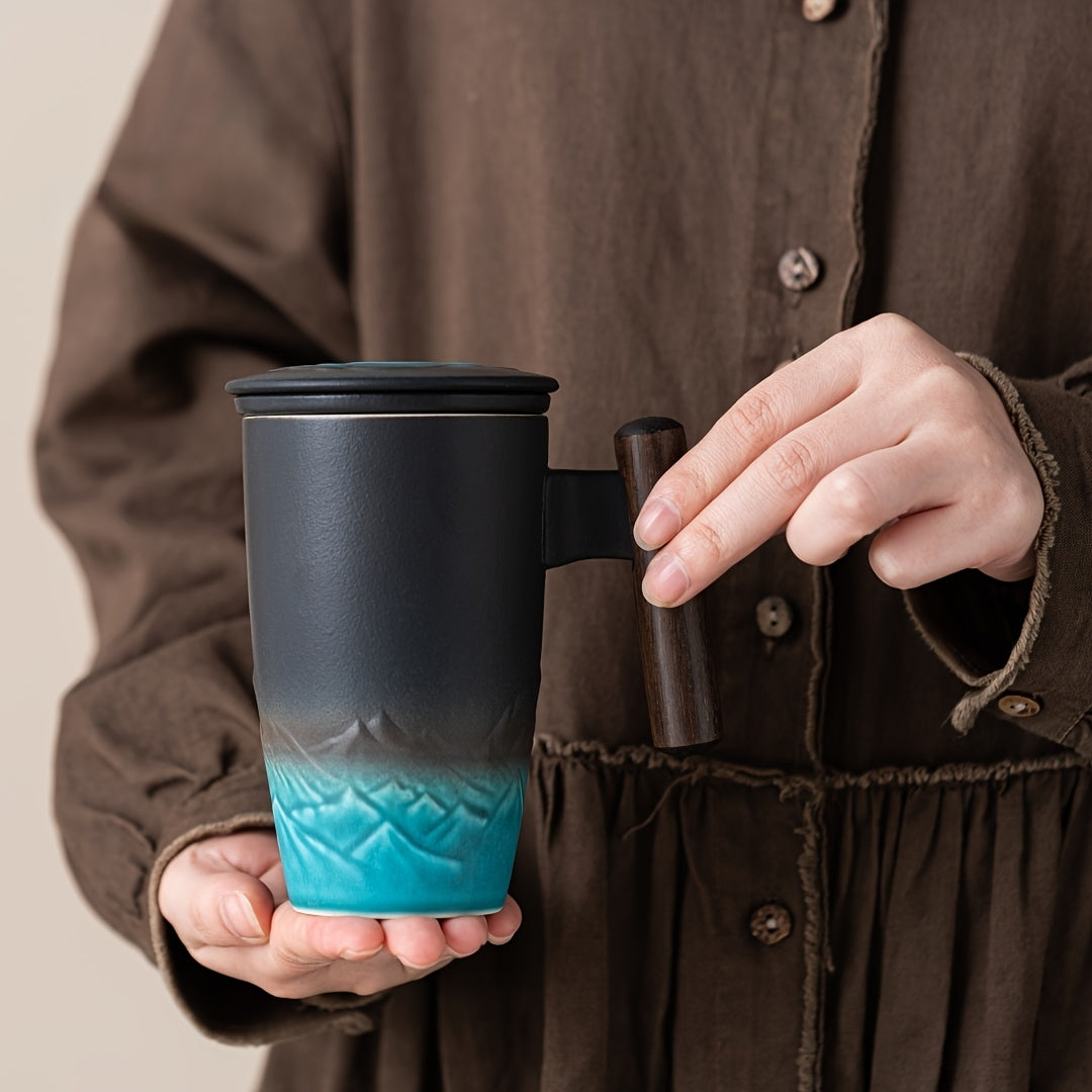 TeaCraft Ceramic Mug | Handmade | With Tea Infuser & Wooden Handle | Retro Design
