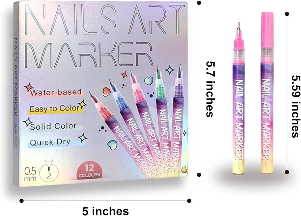 12 Colors Nail Art Pens — Acrylic Nail Design Set with Fine Tip