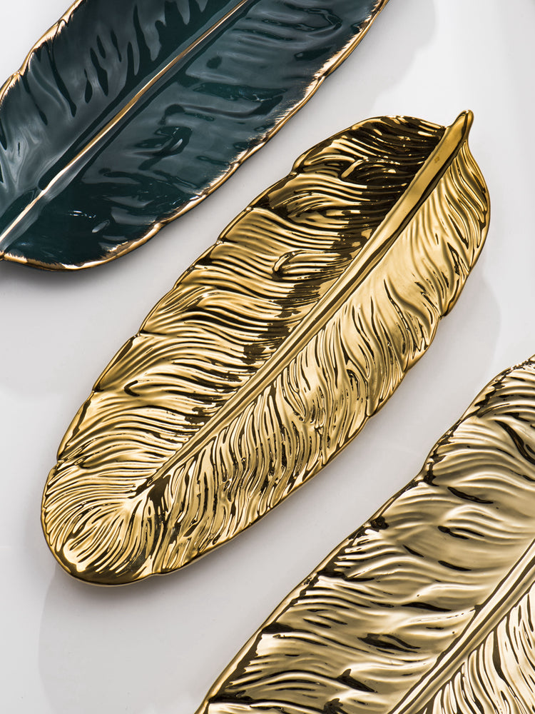 Nordic Light Luxury Style on Golden Feather Plate Retro Jewelry Plate Storage Plate Snack Plate Home Decor