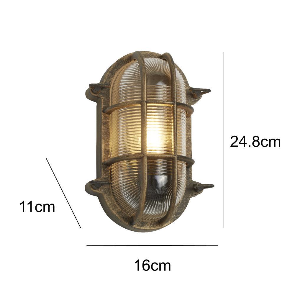 Antique Brass & Ribbed Glass Outdoor Vintage Oval Surface Lights Wall Lamp 248mm