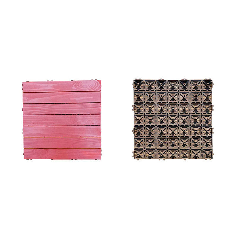 Red 6-Slat Square Wood Deck Tiles Snap-Fit Installation Floor Tiles