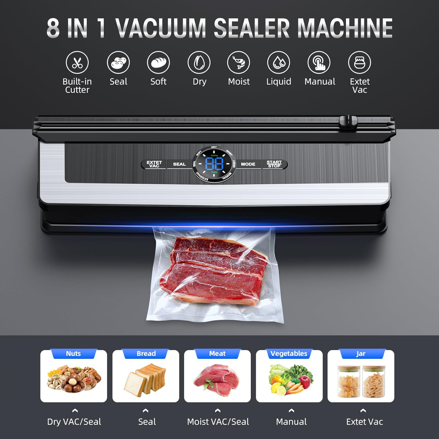 8-in-1 Vacuum Sealer with Built-In Cutter | Food Saver Machine for Dry & Moist Foods