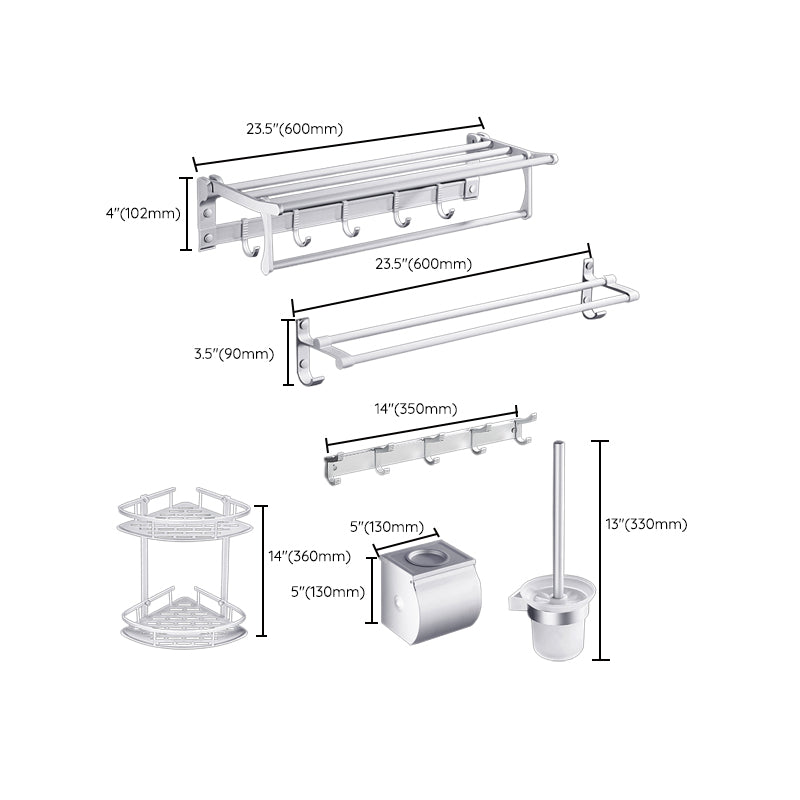 Contemporary silver metal bathroom accessory set with towel holder
