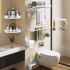 Modern bathroom accessory set in white with bath shelf/towel bar/bath towel hooks