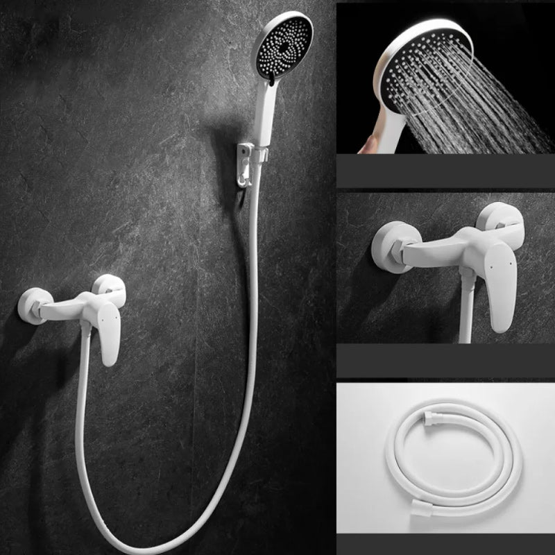 Round Shower Set White Wall Mounted Hand Shower Lever Handle Shower Hose Swiveling Shower Set