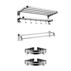 Contemporary bathroom accessory set made of chrome-plated stainless steel with bathrobe hooks/towel rail