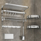 Contemporary bathroom accessory set made of chrome-plated stainless steel with bathrobe hooks/towel rail