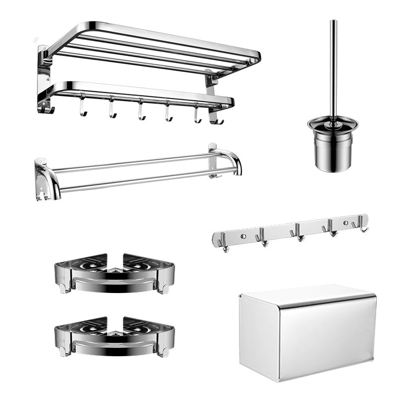 Contemporary bathroom accessory set made of chrome-plated stainless steel with bathrobe hooks/towel rail