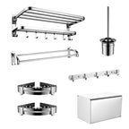 Contemporary bathroom accessory set made of chrome-plated stainless steel with bathrobe hooks/towel rail