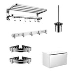 Contemporary bathroom accessory set made of chrome-plated stainless steel with bathrobe hooks/towel rail