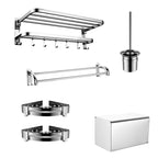 Contemporary bathroom accessory set made of chrome-plated stainless steel with bathrobe hooks/towel rail
