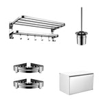 Contemporary bathroom accessory set made of chrome-plated stainless steel with bathrobe hooks/towel rail