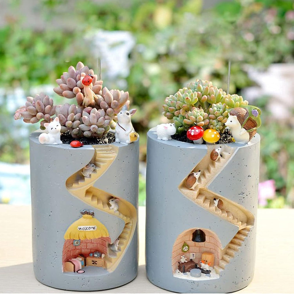 Decorative plant pot with hedgehog and rabbit miniature – Creative staircase design for plants