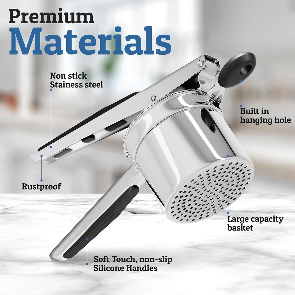 PureMasher Pro Stainless Steel Potato Masher 15oz | Extra Large Capacity | For Mashed Potatoes, Vegetables & Fruits | Lump-Free & Durable