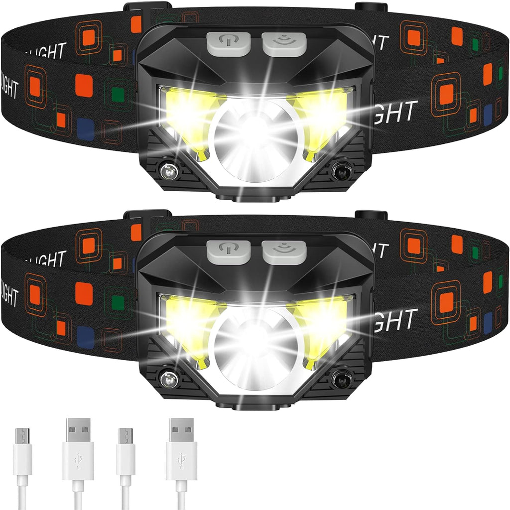 2-Pack Ultra-Clear Rechargeable LED Headlamp Waterproof with Motion Sensor