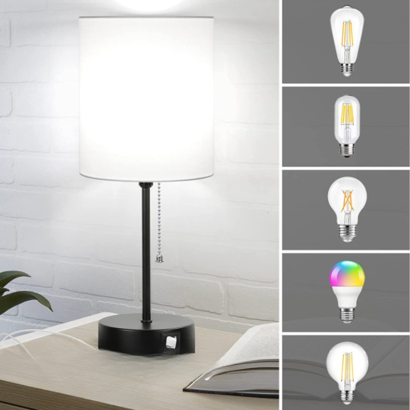 Table lamp set of 2 with USB charging ports, gray bedside lamps with AC outlet, bedside lamps with pull switch, minimalist modern desk lamps with fabric shade for living room bedroom office