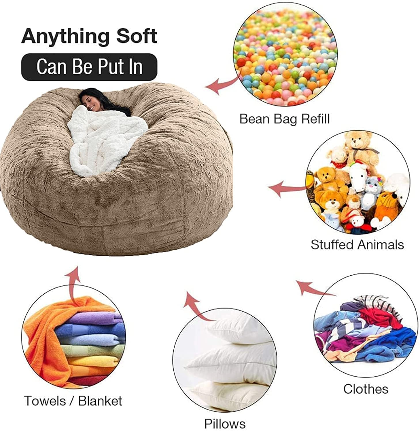 Giant 5ft Fluffy Faux Fur Bean Bag Cover – Ultra-Soft Lounge Sofa (Cover Only)