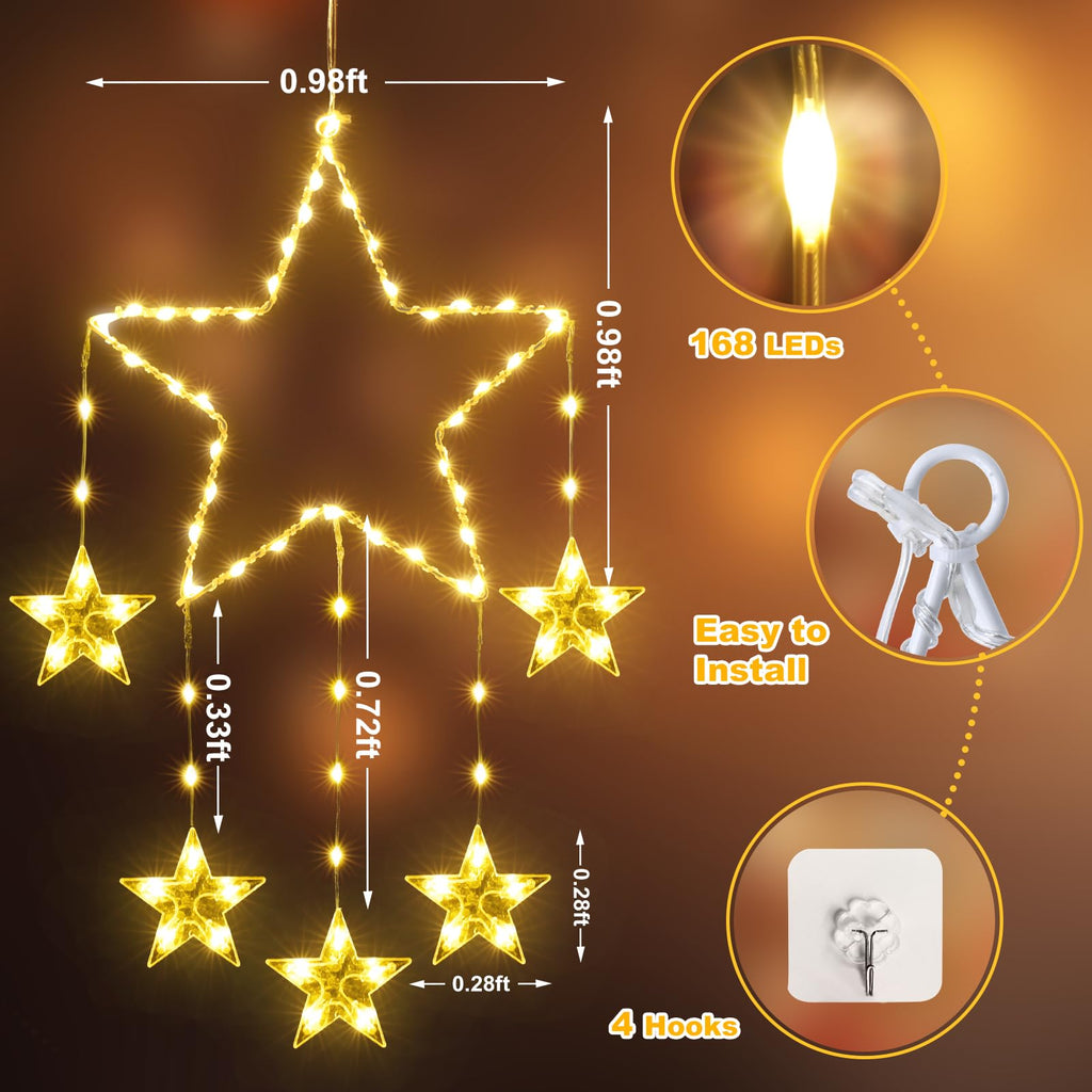 Quntis 2Pcs 95cm Large Christmas Window Lights, 84LED 12 Stars Battery Operated Christmas Silhouette Sparkle Star Lights with Timer Memory, 8 Modes Xmas Indoor Outdoor Hanging Decoration, Warm White