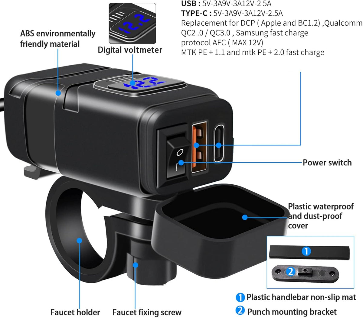 Motorcycle USB & Type-C Fast Charger with Voltmeter – Drayvik