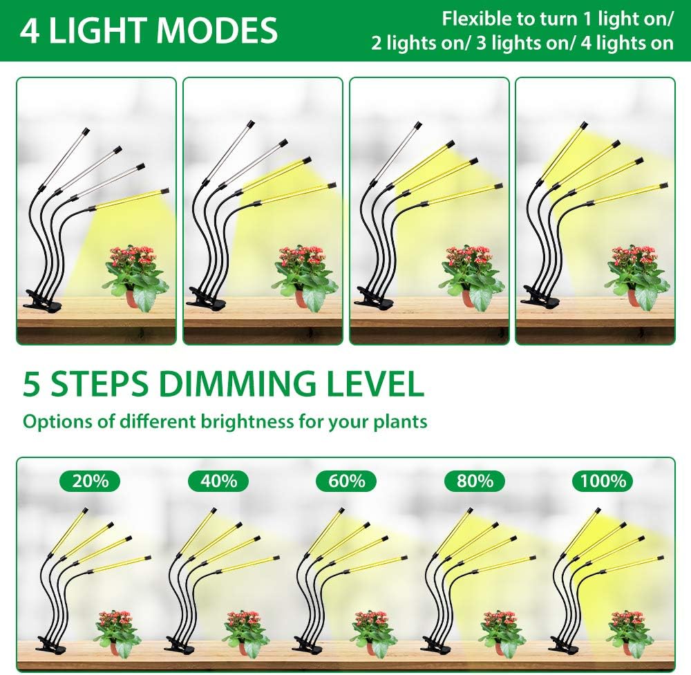 Plant growth light with 4 flexible arms and dimming function for indoor gardens
