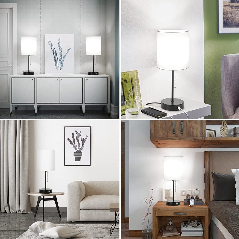 Table lamp set of 2 with USB charging ports, gray bedside lamps with AC outlet, bedside lamps with pull switch, minimalist modern desk lamps with fabric shade for living room bedroom office