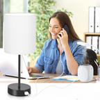 Table lamp set of 2 with USB charging ports, gray bedside lamps with AC outlet, bedside lamps with pull switch, minimalist modern desk lamps with fabric shade for living room bedroom office