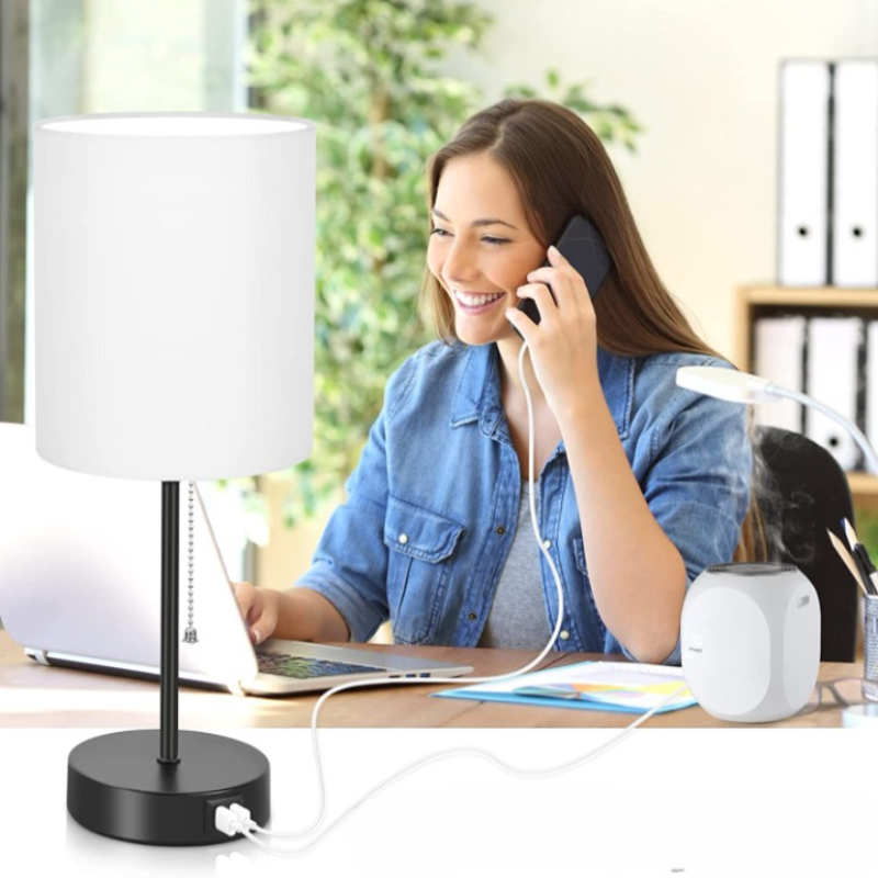 Table lamp set of 2 with USB charging ports, gray bedside lamps with AC outlet, bedside lamps with pull switch, minimalist modern desk lamps with fabric shade for living room bedroom office