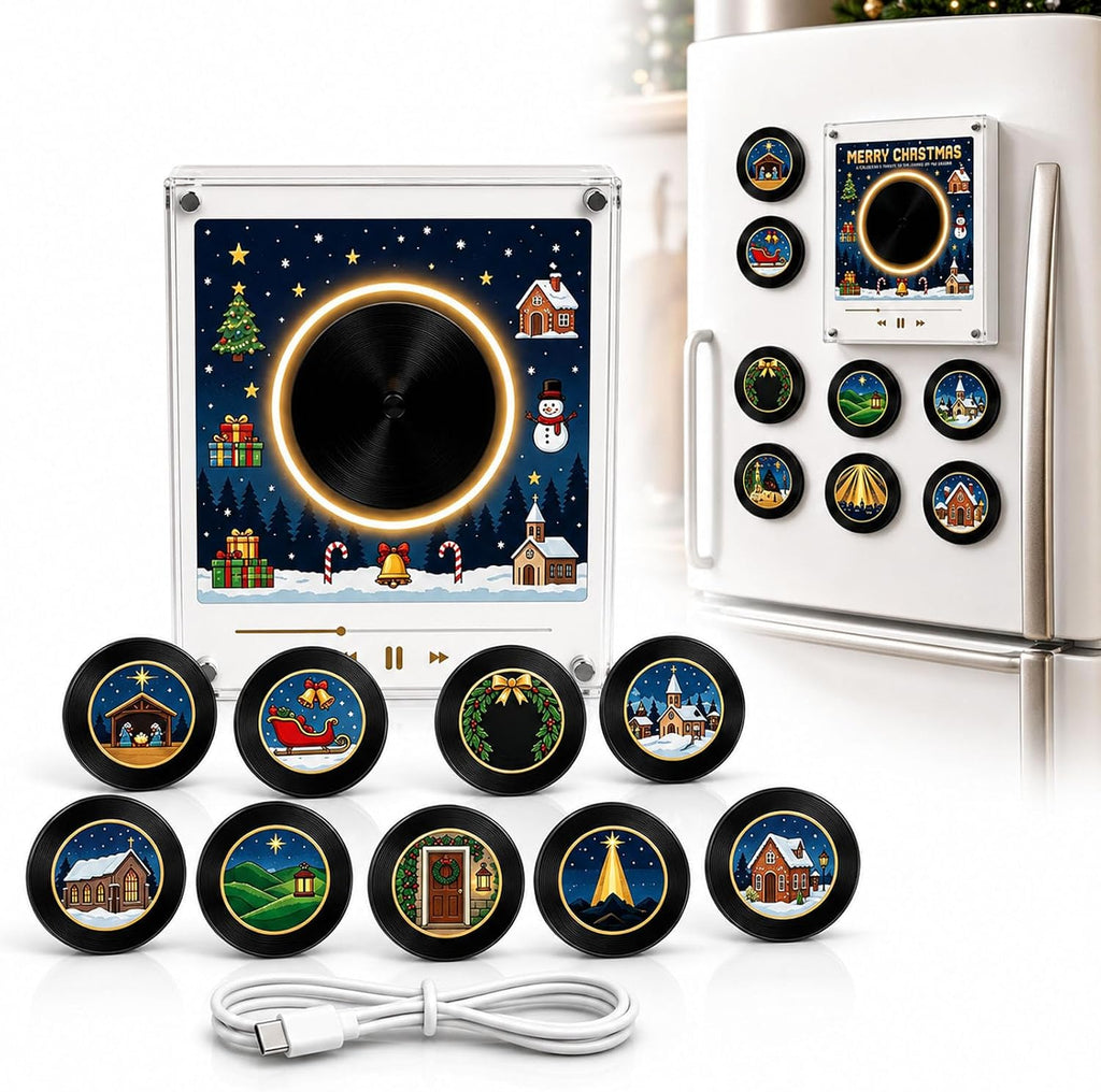 2027 New Magnetic Fridge Record Player, Christmas Magnetic Fridge Vinyl Music Box with 9 NFC Discs