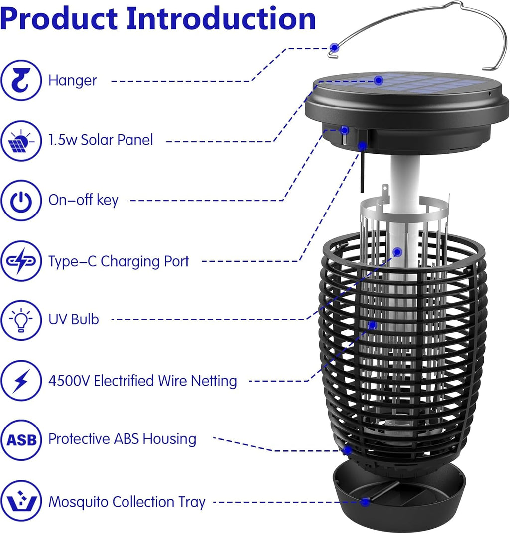 Solar Bug Zapper 2-in-1 Mosquito Killer Lamp – 4500V Indoor & Outdoor Fly Trap