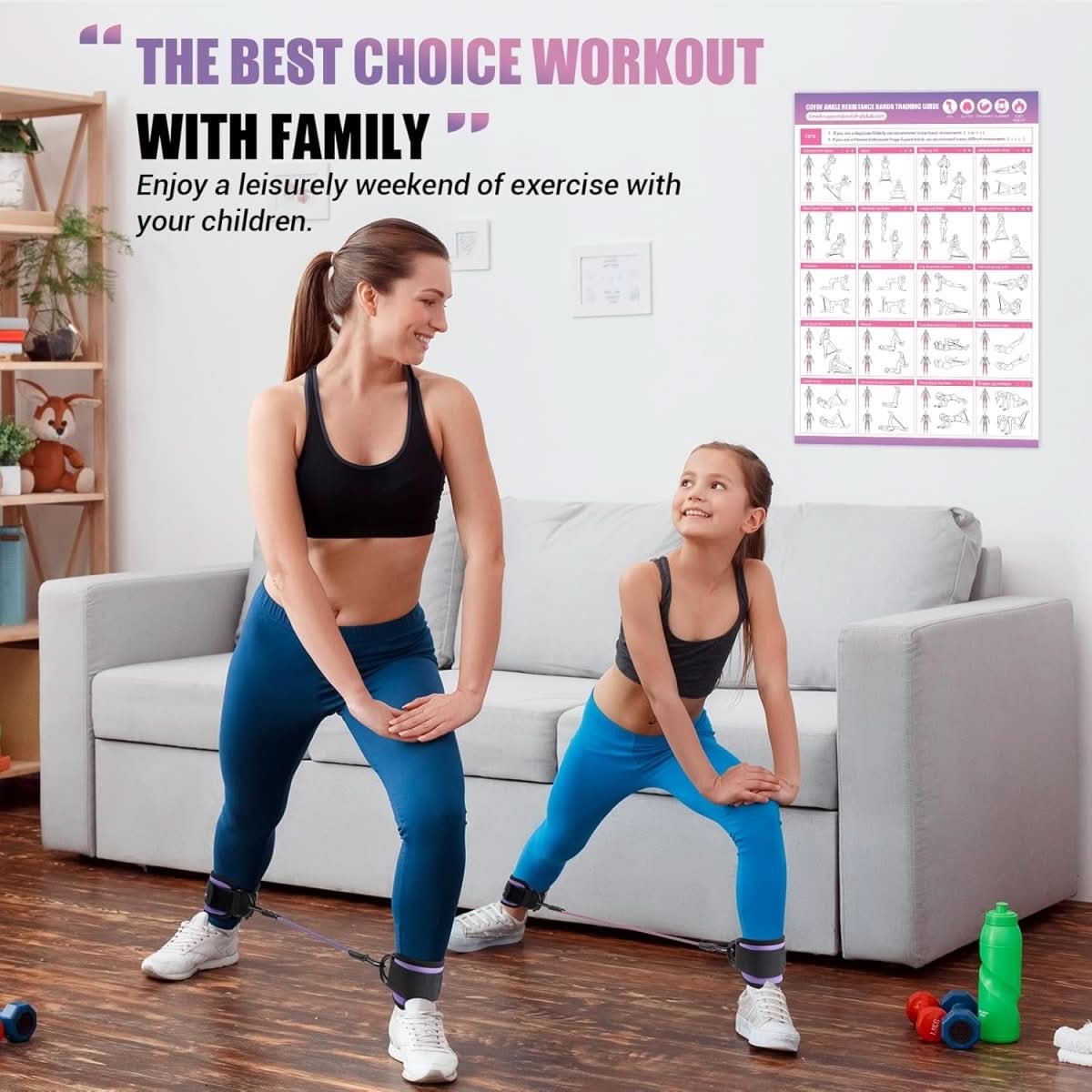 resistance bands for buttocks & hips with ankle strap & training poster