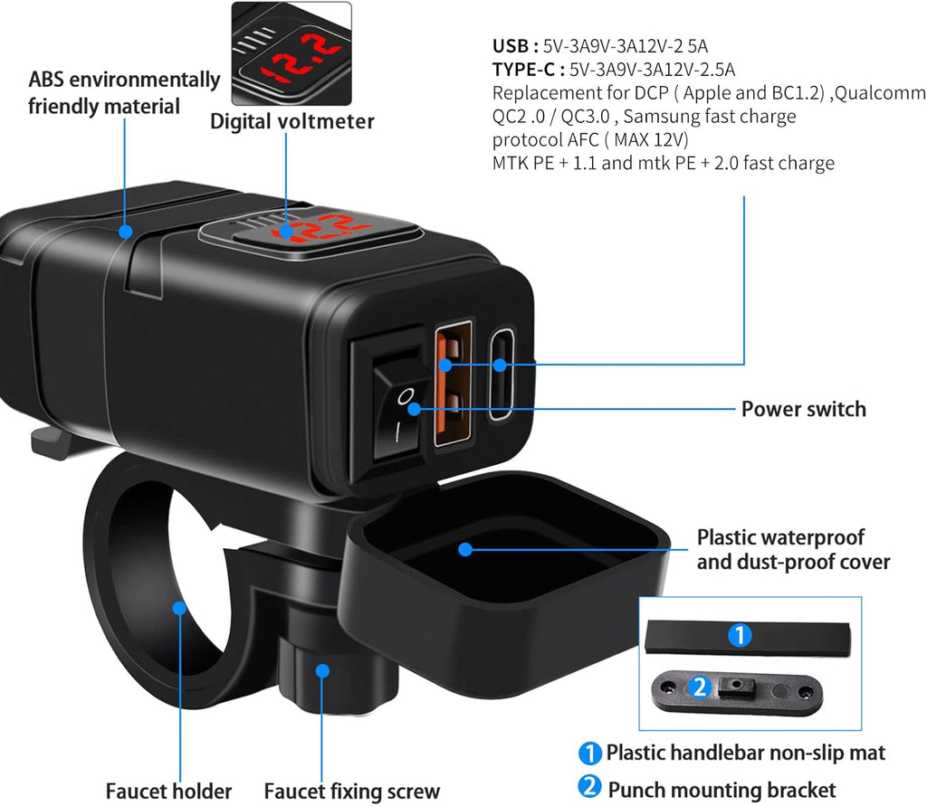 Motorcycle USB & Type-C Fast Charger with Voltmeter – Drayvik