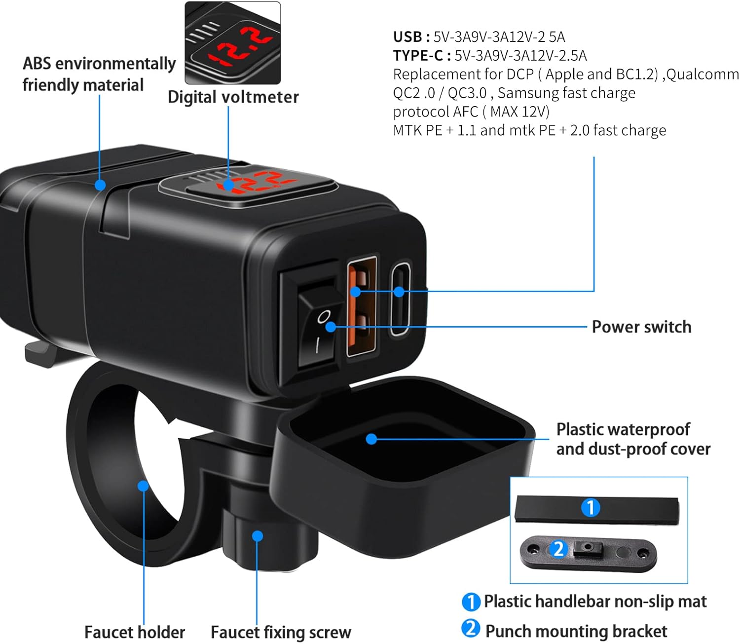 Motorcycle USB & Type-C Fast Charger with Voltmeter – Drayvik