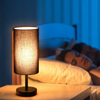 Lamp with USB connection Touch-Control Table Lamp for Bedroom Wood 3-stage dimmable Bedside Lamp with Round Linen Fabric Shade for Living Room, Student Dorm, Home Office