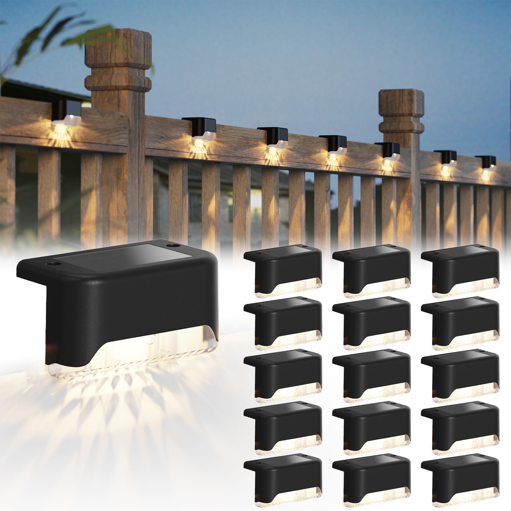 16 Pack Solar Deck Light - Weatherproof LED Fence Light for Garden, Terrace, Stairs, Black