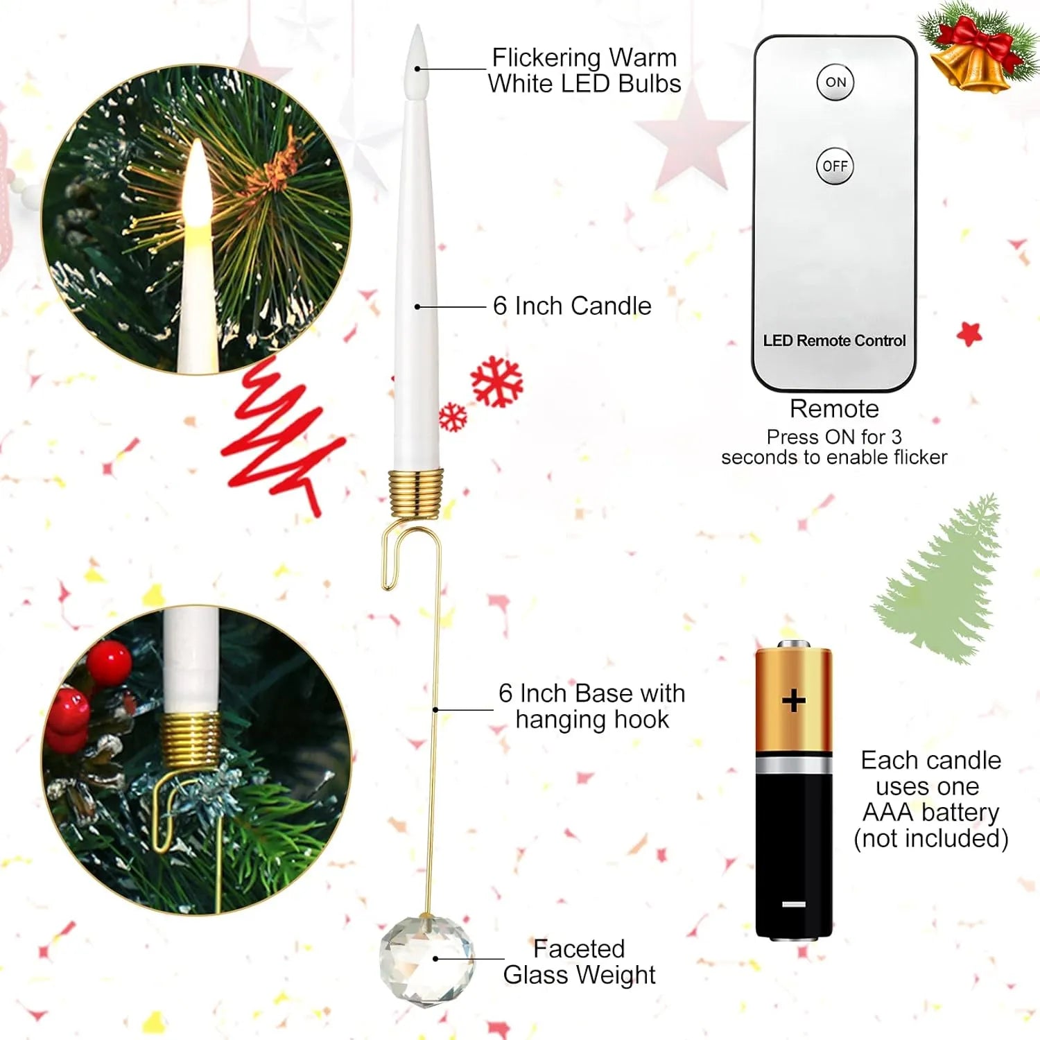 Christmas Tree LED Candle Set | 12 Pieces with Remote Control & Timer | Warm White Flicker | Flameless & Safe