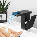 Contemporary Square Vessel Faucet Waterfall Spout with LED Three-Color Illumination