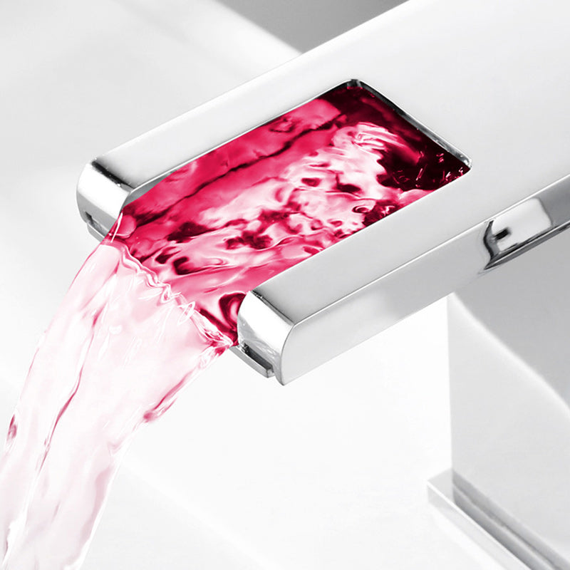 Contemporary Square Vessel Faucet Waterfall Spout with LED Three-Color Illumination