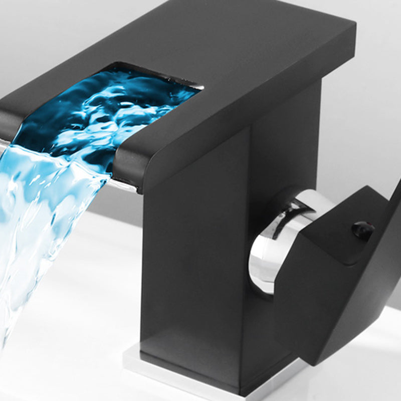 Contemporary Square Vessel Faucet Waterfall Spout with LED Three-Color Illumination