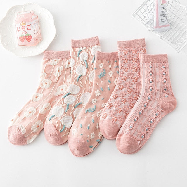 5 Pair Vintage Flower Embroidery Socks