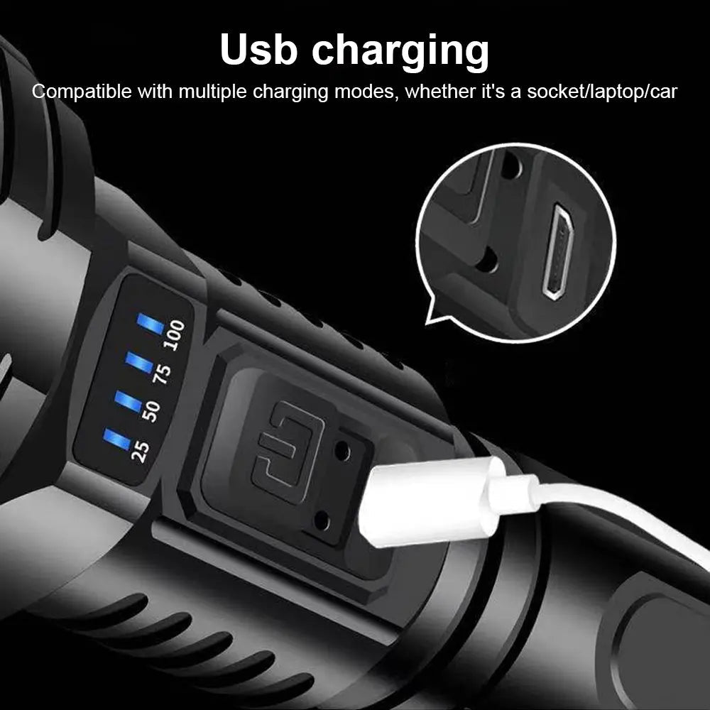90000LM LED flashlight – Tactical searchlight with USB charging and super bright lighting
