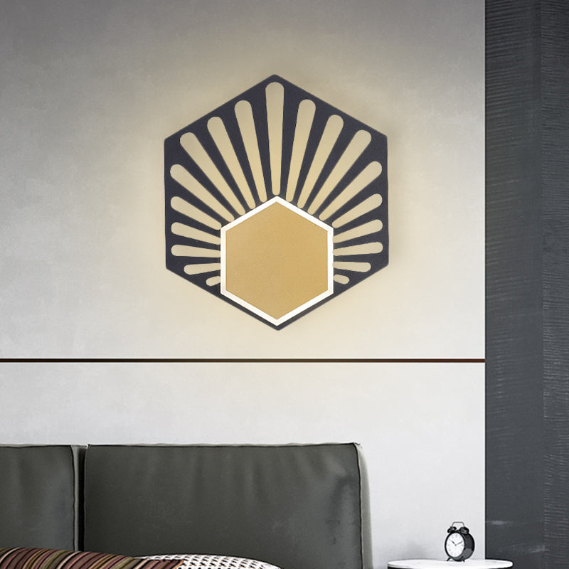 Hexagon Wall-Mounted Light Modernist Metallic LED Nightstand Wall Lamp in Black with Fan Design, 8"/10" Wide