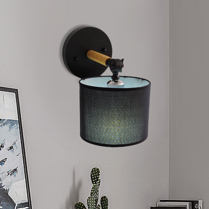 Modernist Armed Wall Lamp Wood 1 Light Bed Lamp with Black Drum Fabric Shade