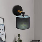 Modernist Armed Wall Lamp Wood 1 Light Bed Lamp with Black Drum Fabric Shade