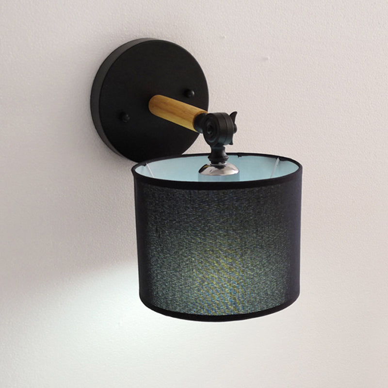 Modernist Armed Wall Lamp Wood 1 Light Bed Lamp with Black Drum Fabric Shade