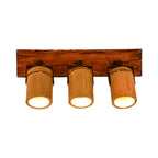 Vintage Cylinder Wall Lamp Sconces 2/3-Light Bamboo Wall Lamp in Brown with Linear Wooden Backplate