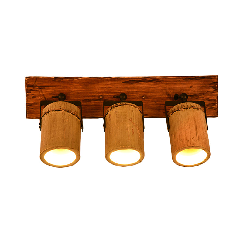 Vintage Cylinder Wall Lamp Sconces 2/3-Light Bamboo Wall Lamp in Brown with Linear Wooden Backplate